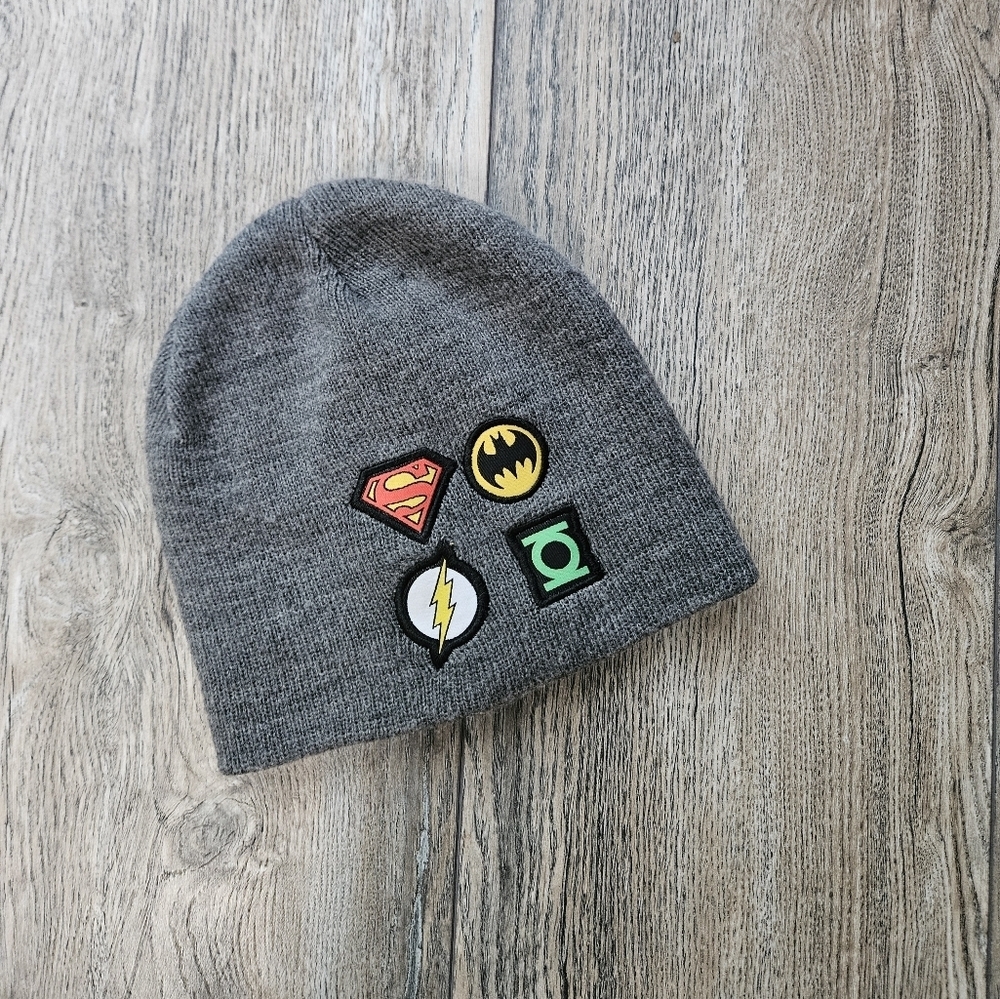 Gray Beanie with Superhero Patches - JUSTICE LEAGUE